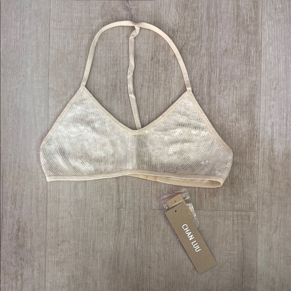 Chan Luu White Swan Sequin Bralette NWT Champagne T Back Bra